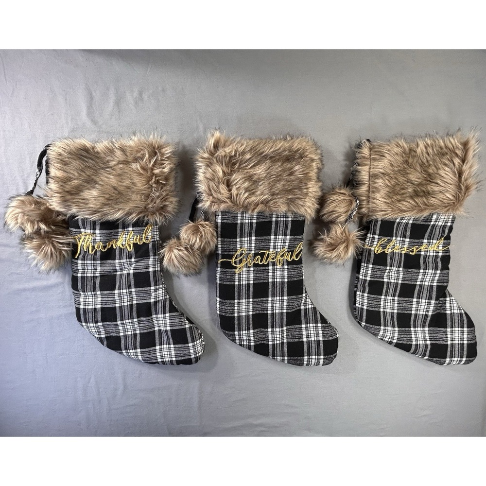 Christmas Stockings Buffalo Plaid Faux Fur Cuff Set Of 3 Thankful Grateful Bless
